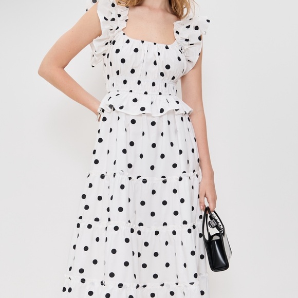 Elegant Black and White Polka Dot Midi Dress - Picture 4 of 6
